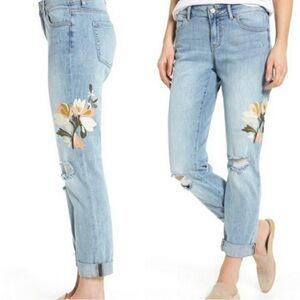 Caslon Distressed Boyfriend Jeans with Floral Embroidery